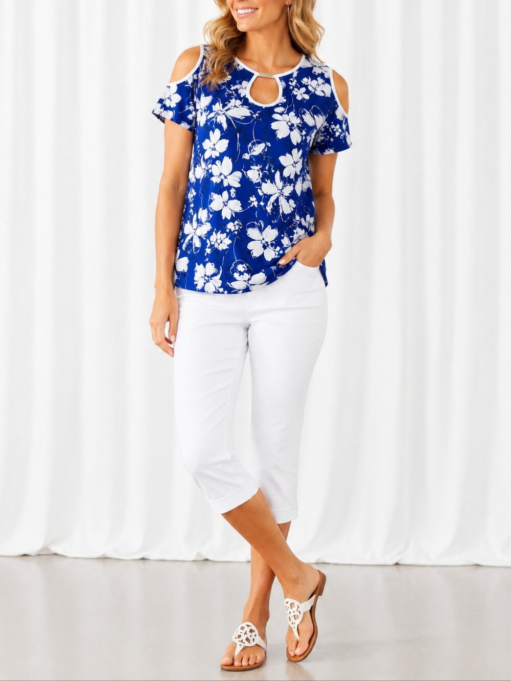 Adrienne Vittadini Floral Top Women's Sm Blue White Keyhole Cold Shoulder Blouse